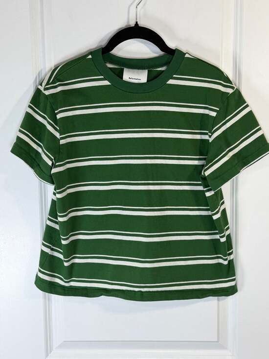 Reformation Tops - Reformation Green and White Striped Perfect Crew Tee